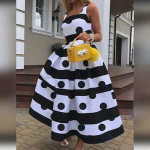 French-Style Black Polka Dot Sleeveless Dress, Perfect For Graduation And Summer